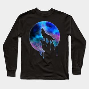 Howling Wolf - Full Moon - watercolour - Art - Trend - Splatter- Gift - Universe - Space - Galaxy Long Sleeve T-Shirt